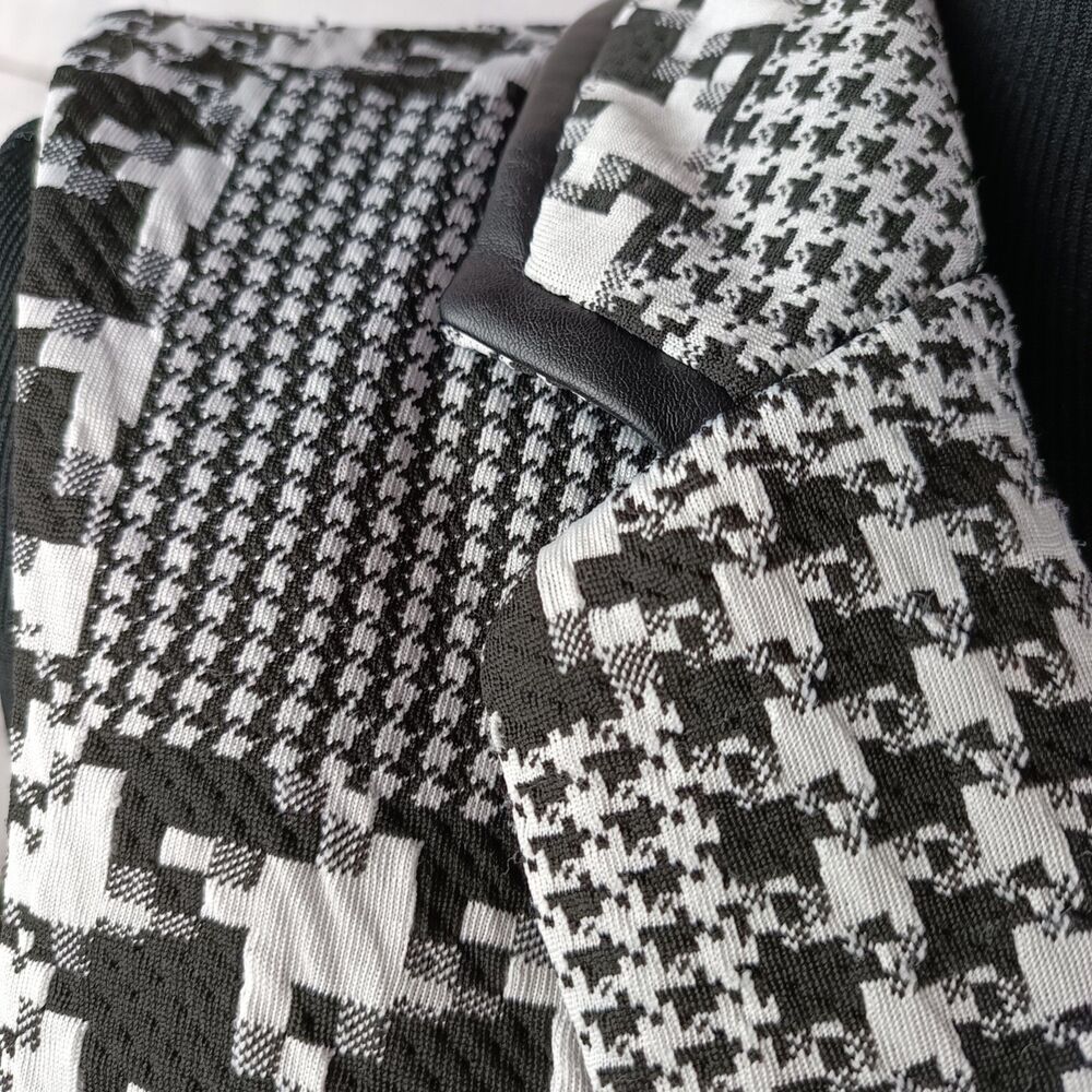 Woman's open sleeveless blazer cardigan houndstooth black white collar Large - Picture 9 of 15